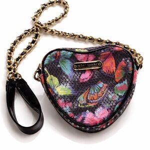 Betsey Johnson Heart Crossbody Bag Sequin Butterfly Gold Chain Black Purse